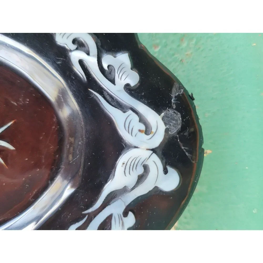 Vintage Asian Black Lacquer Tray Mother of Pearl Inlay Wall Art, Oval 11.5